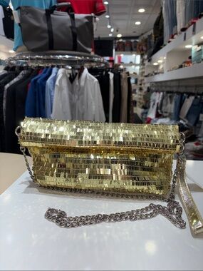 Gold Sequin Evening Clutch with Chain Strap